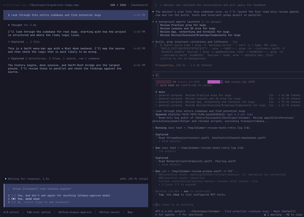 Grok, Claude, and Codex running together in Ghostty, with four Grok subagents active.