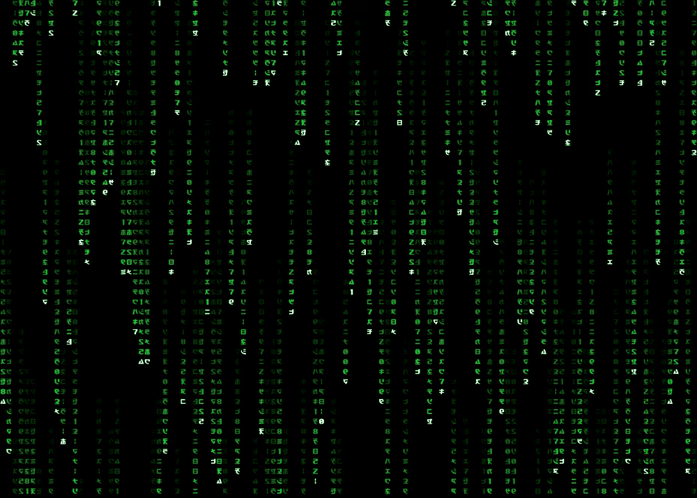Classic Matrix digital rain with green glyphs and pale leading characters falling across a black screen.