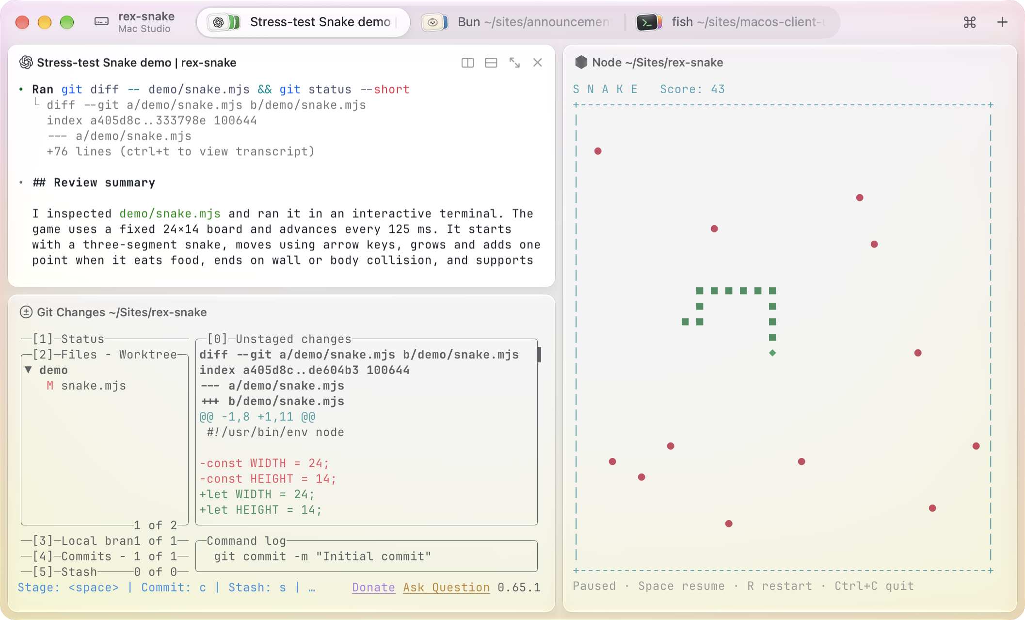 Rex in light mode on macOS, with Codex, lazygit, and Snake running in three split panes.